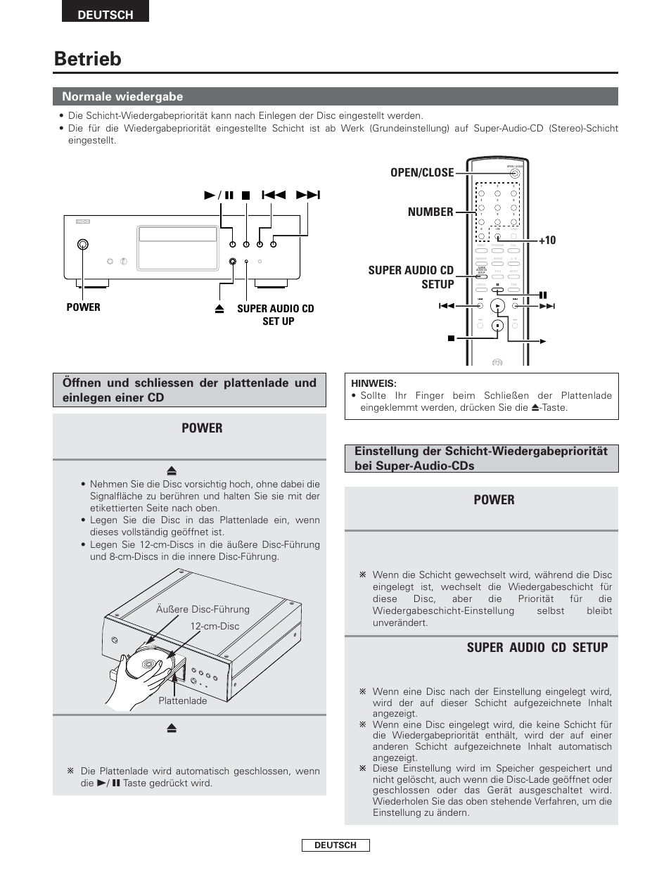 Betrieb, Power, Super audio cd setup | Denon DCD-1500AE User Manual | Page 24 / 90