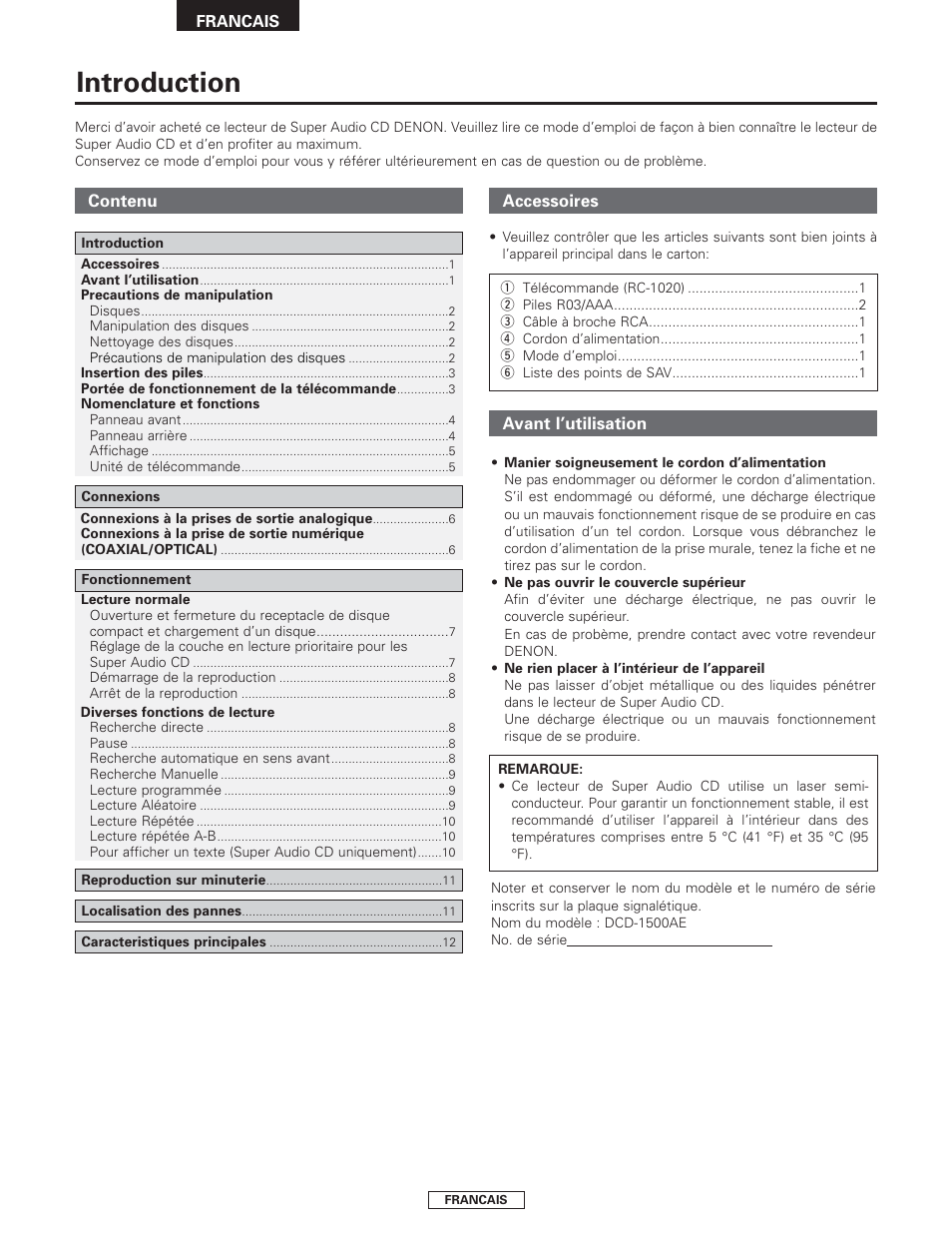 Francais, Introduction | Denon DCD-1500AE User Manual | Page 30 / 90