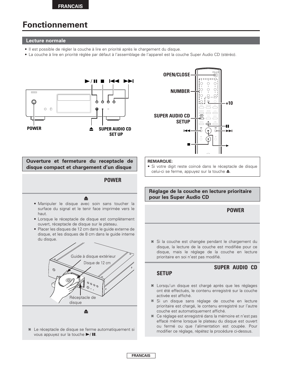 Fonctionnement, Power, Super audio cd setup | Denon DCD-1500AE User Manual | Page 36 / 90