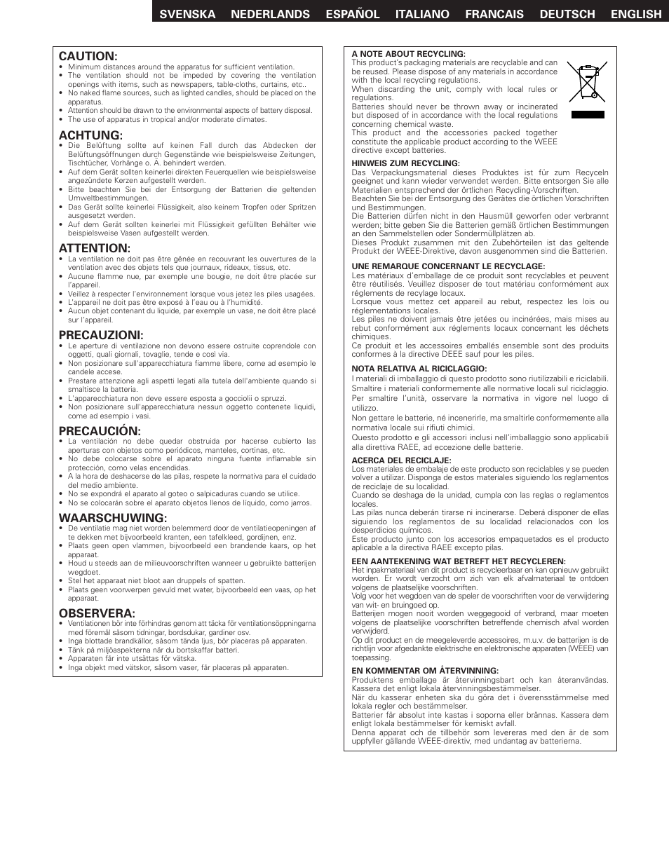 Caution, Achtung, Attention | Precauzioni, Precaución, Waarschuwing, Observera | Denon DCD-1500AE User Manual | Page 4 / 90