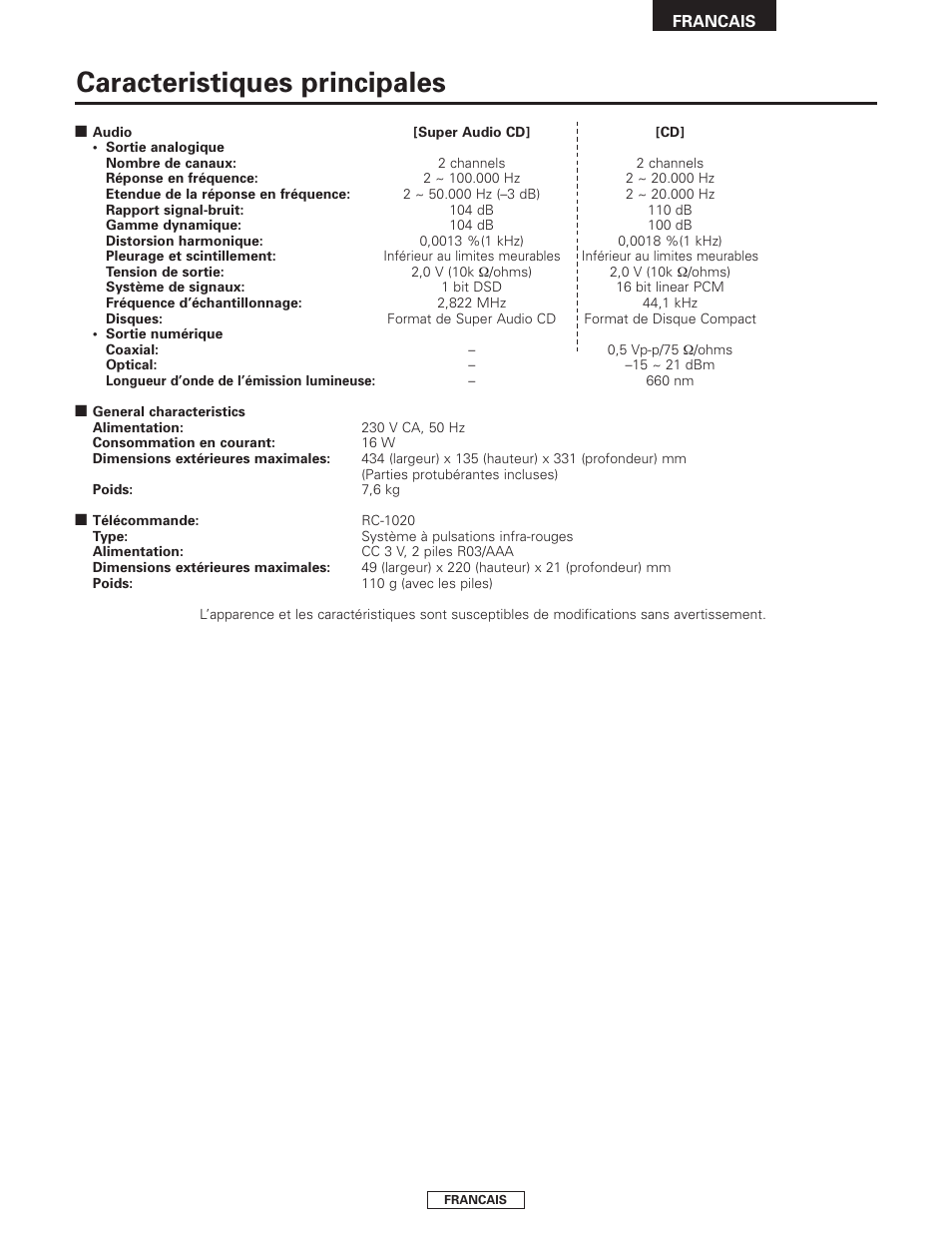 Caracteristiques principales | Denon DCD-1500AE User Manual | Page 41 / 90
