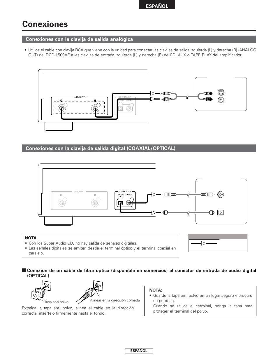 Conexiones, Conexiones con la clavija de salida analógica | Denon DCD-1500AE User Manual | Page 59 / 90