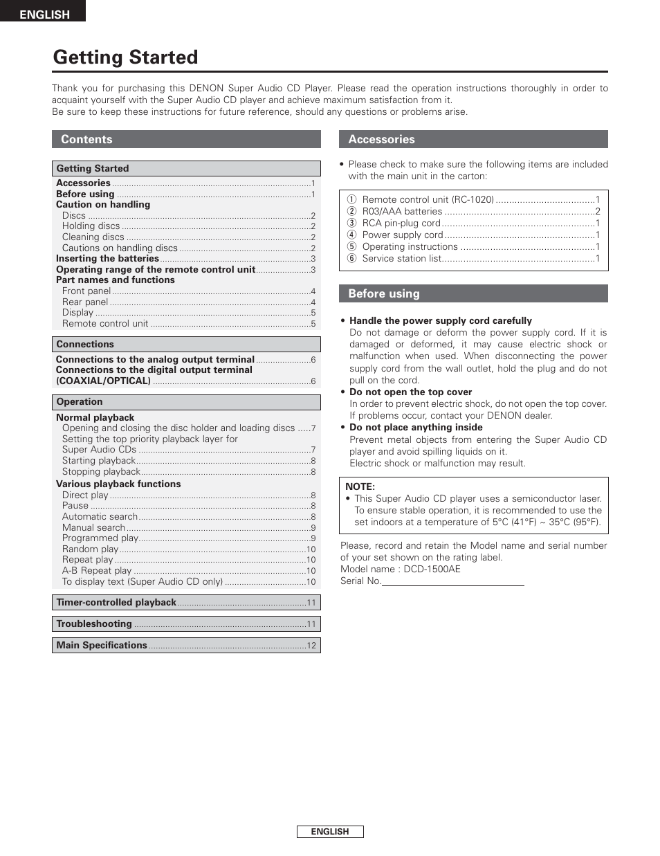 English, Getting started | Denon DCD-1500AE User Manual | Page 6 / 90