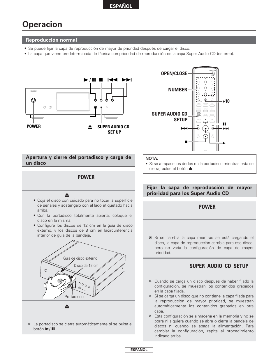 Operacion, Power, Super audio cd setup | Denon DCD-1500AE User Manual | Page 60 / 90