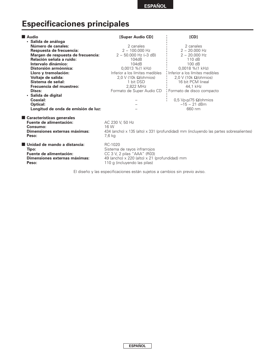 Especificaciones principales | Denon DCD-1500AE User Manual | Page 65 / 90