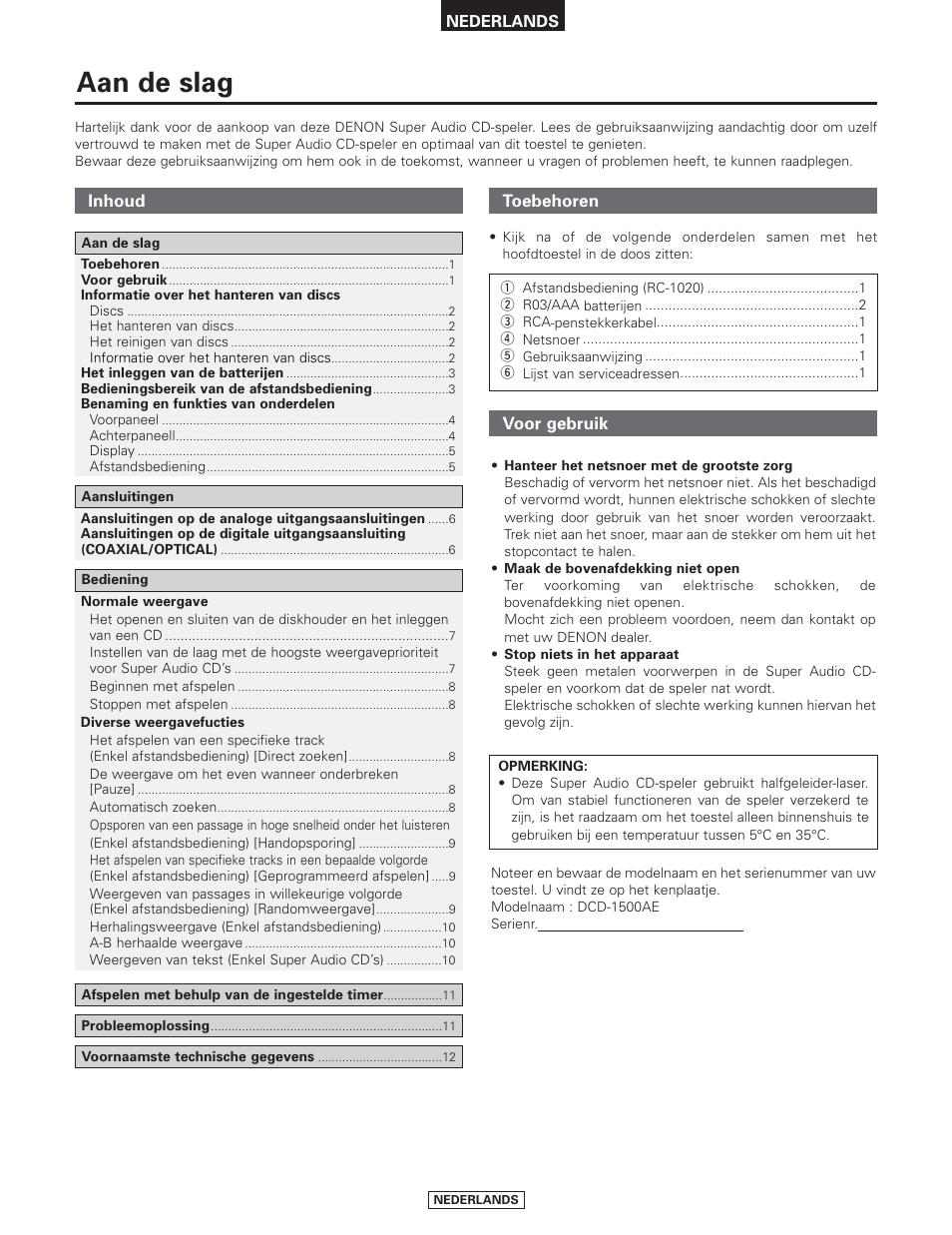 Nederlands, Aan de slag | Denon DCD-1500AE User Manual | Page 66 / 90