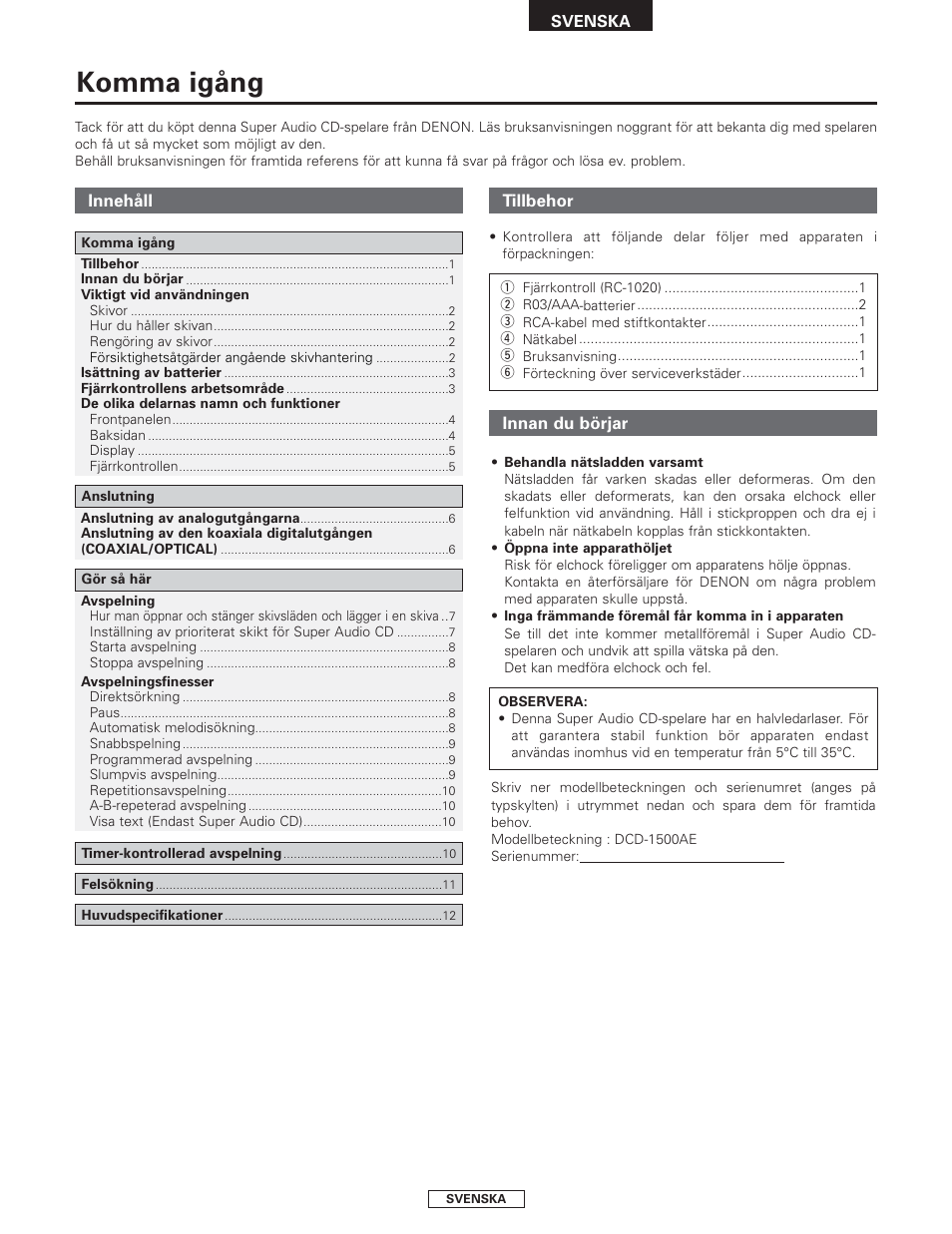 Svenska, Komma igång | Denon DCD-1500AE User Manual | Page 78 / 90