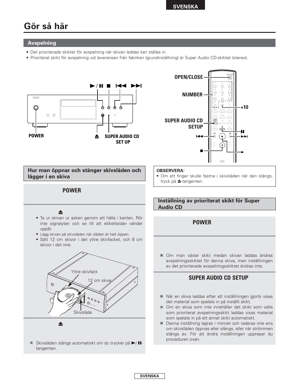 Gör så här, Power, Super audio cd setup | Denon DCD-1500AE User Manual | Page 84 / 90