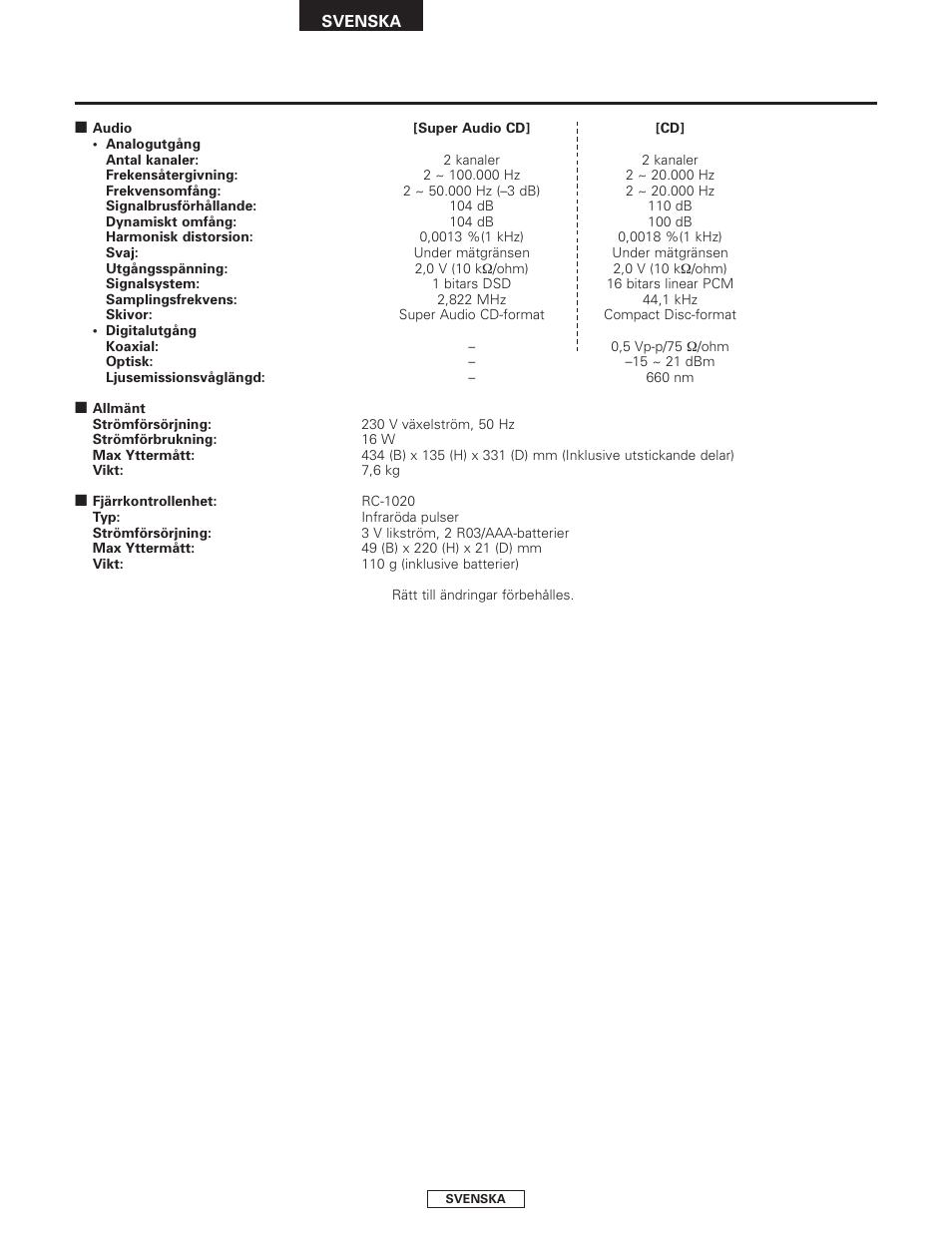 Huvudspecifikationer | Denon DCD-1500AE User Manual | Page 89 / 90