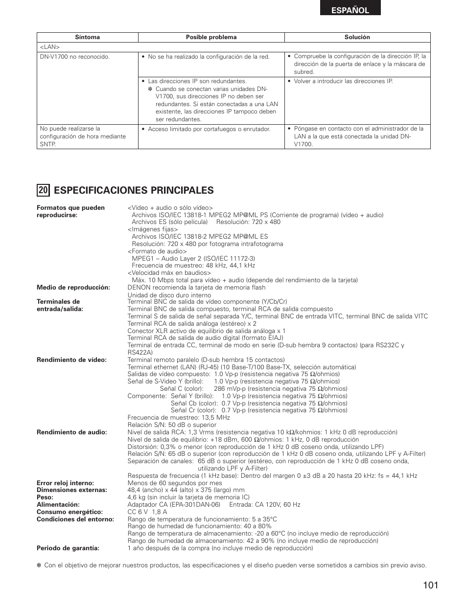 20 especificaciones principales | Denon DN-V1700 User Manual | Page 101 / 104