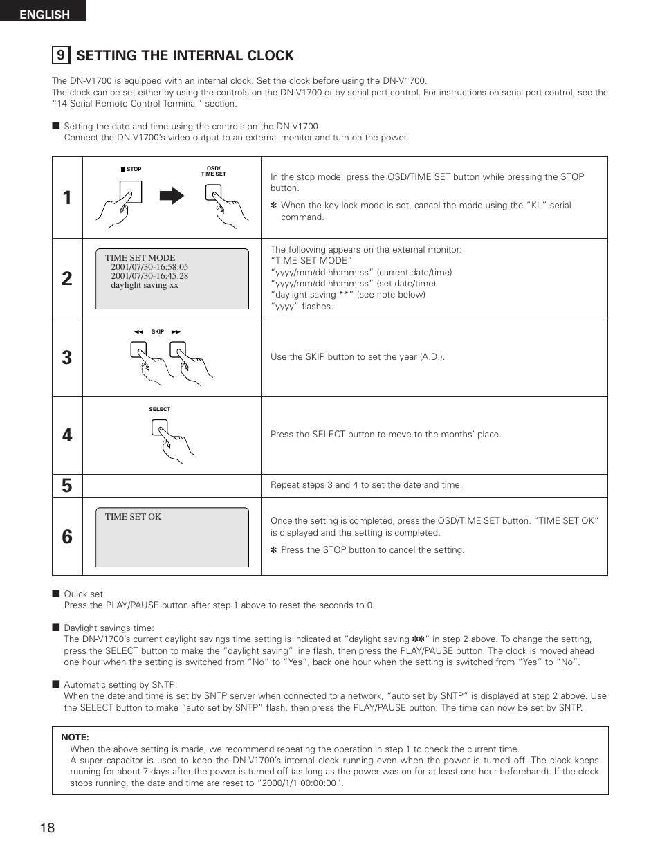 9 setting the internal clock | Denon DN-V1700 User Manual | Page 18 / 104