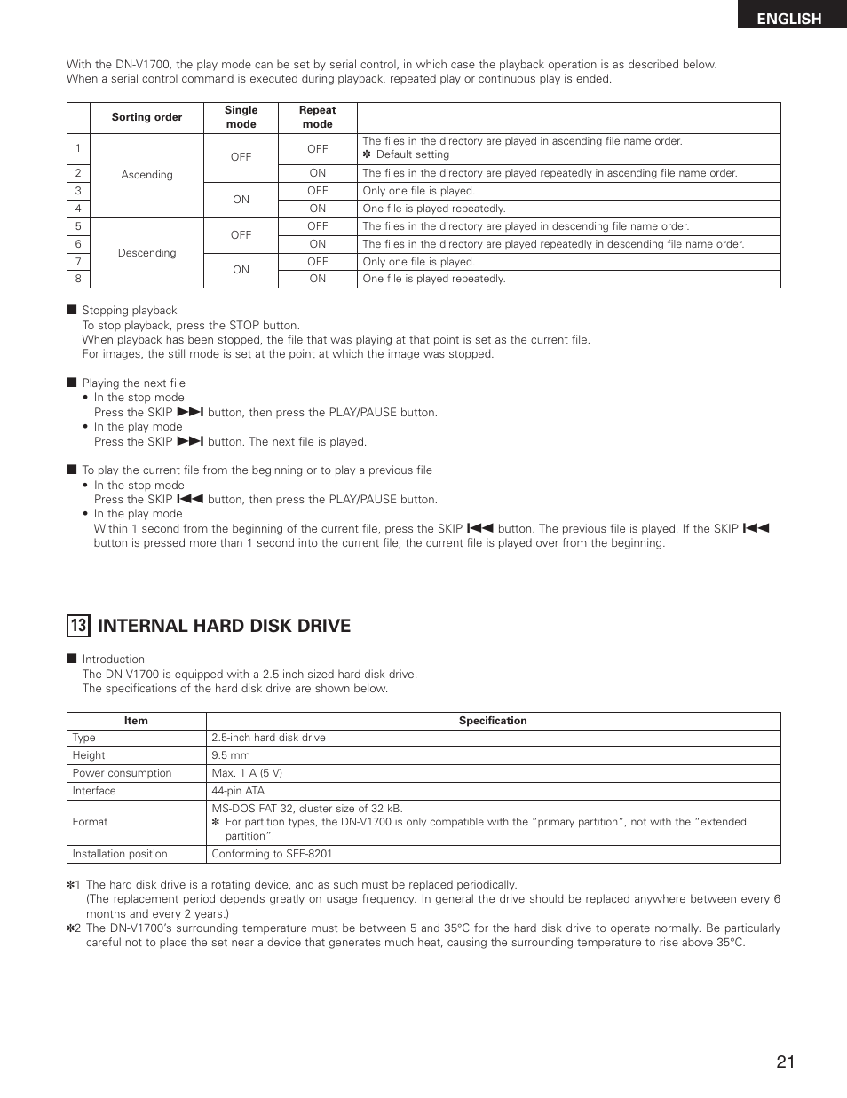 13 internal hard disk drive, English | Denon DN-V1700 User Manual | Page 21 / 104