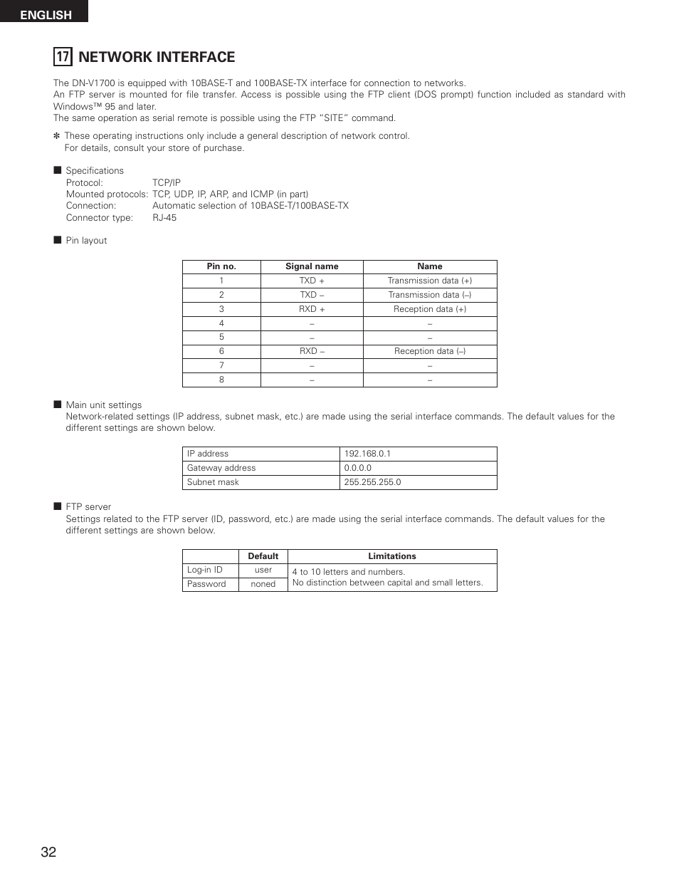 17 network interface | Denon DN-V1700 User Manual | Page 32 / 104