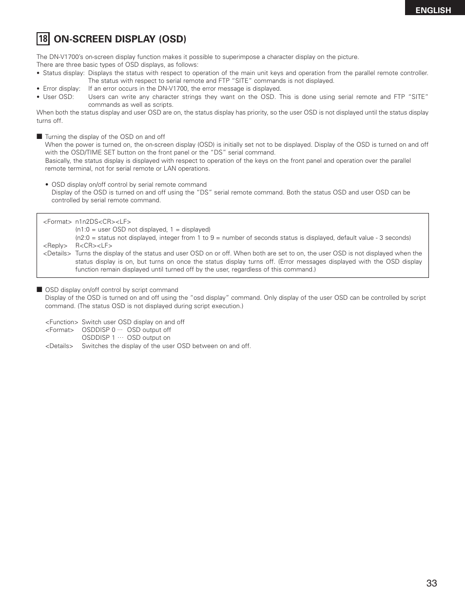 18 on-screen display (osd) | Denon DN-V1700 User Manual | Page 33 / 104
