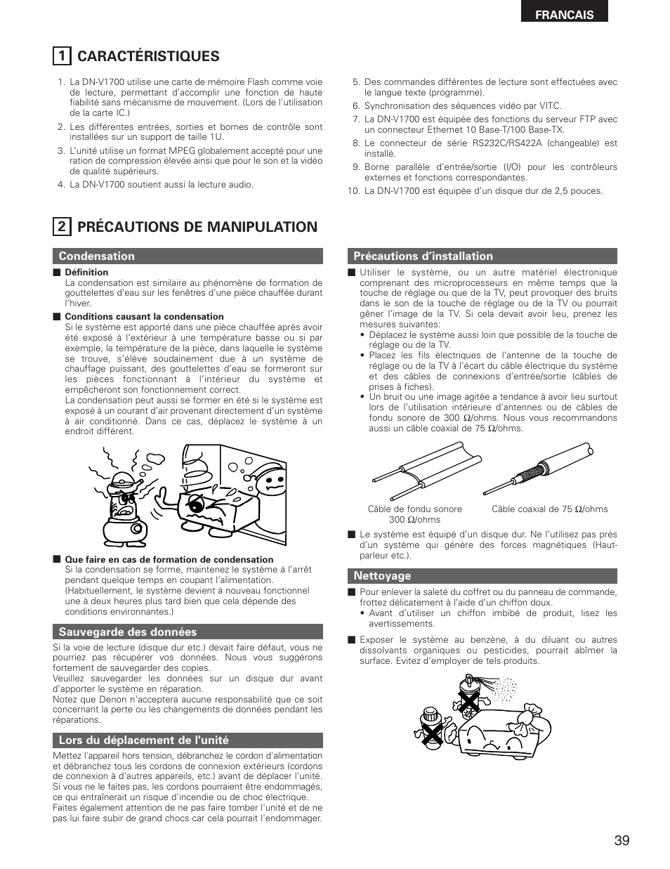 1 caractéristiques, 2 précautions de manipulation | Denon DN-V1700 User Manual | Page 39 / 104