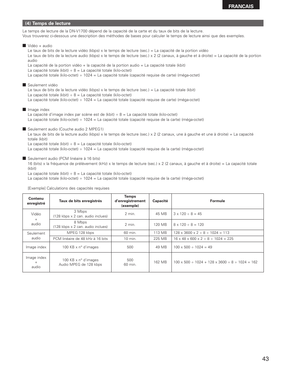 Francais | Denon DN-V1700 User Manual | Page 43 / 104