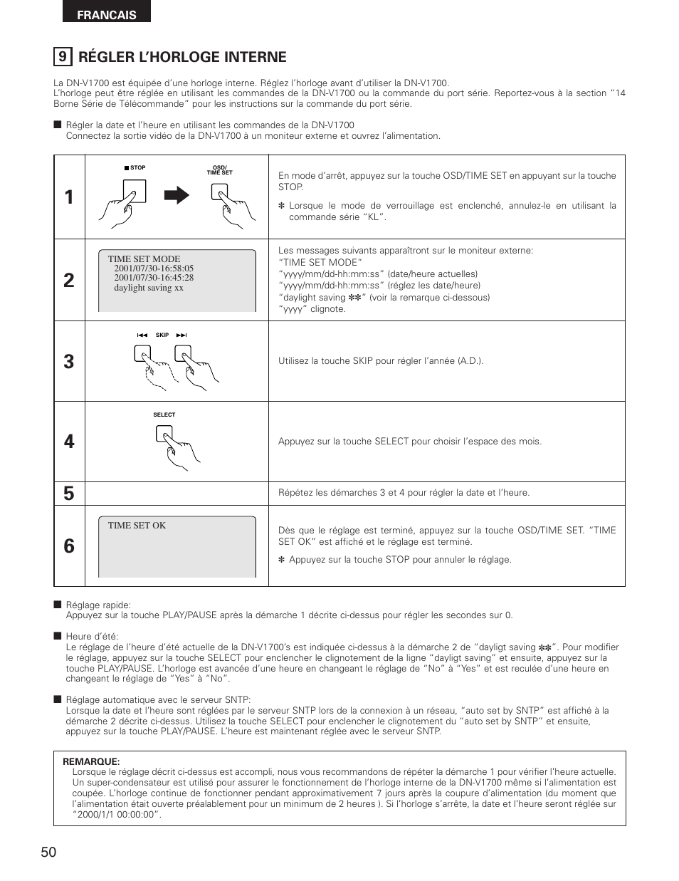 9 régler l’horloge interne | Denon DN-V1700 User Manual | Page 50 / 104