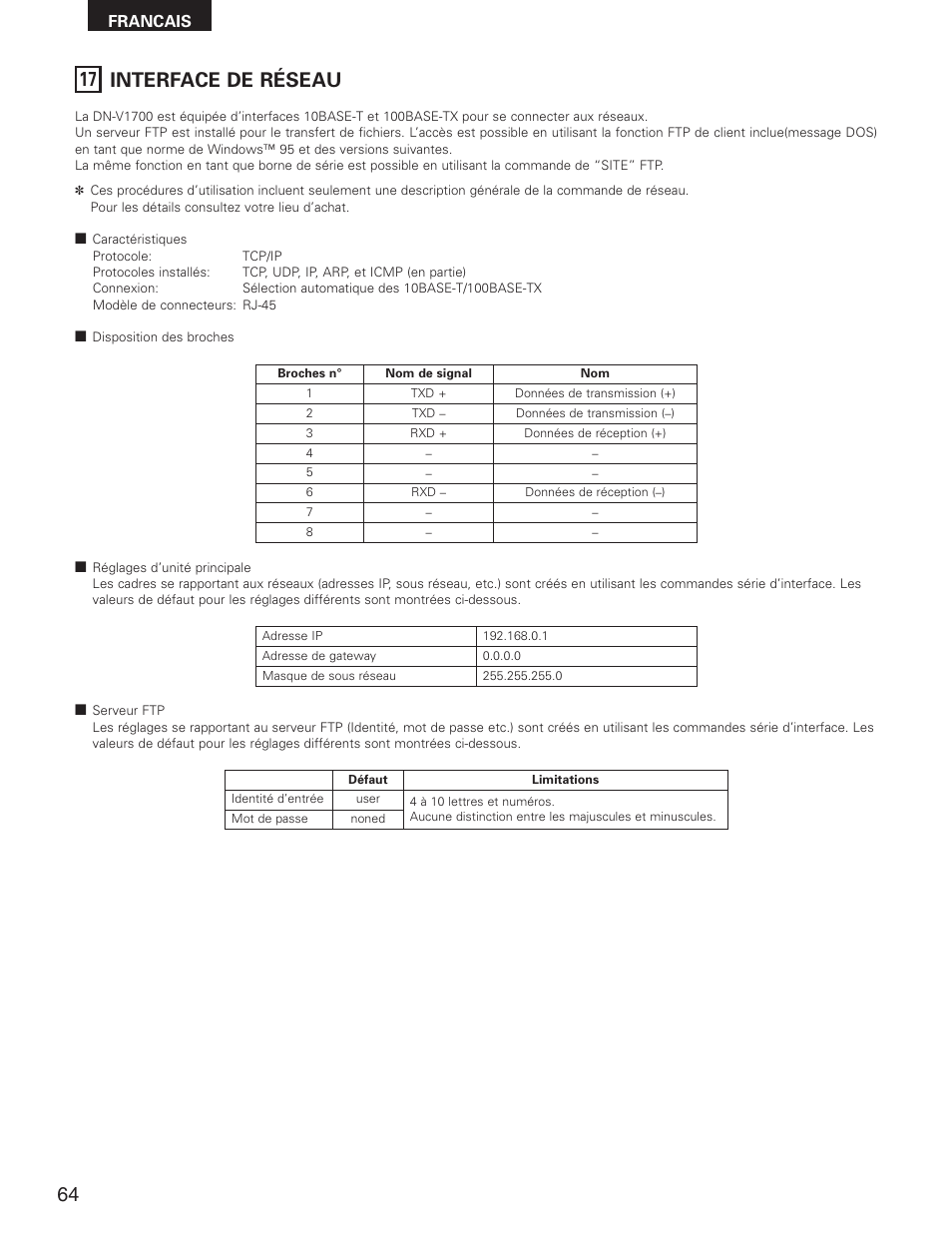 17 interface de réseau | Denon DN-V1700 User Manual | Page 64 / 104