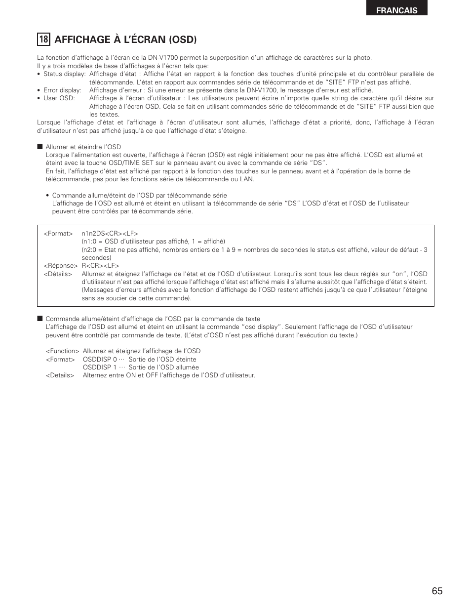 18 affichage à l’écran (osd) | Denon DN-V1700 User Manual | Page 65 / 104