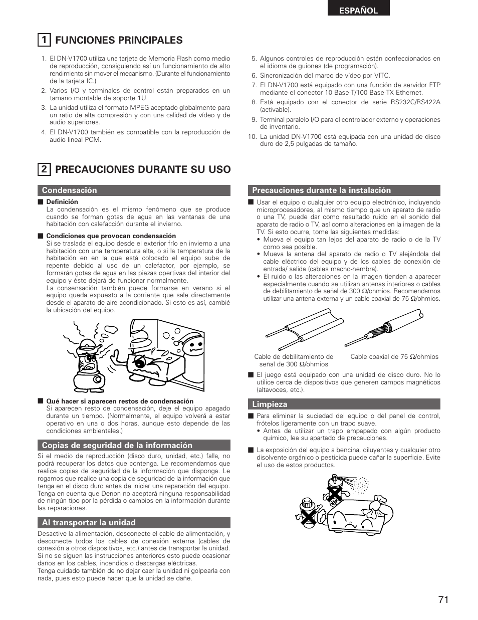 1 funciones principales, 2 precauciones durante su uso | Denon DN-V1700 User Manual | Page 71 / 104