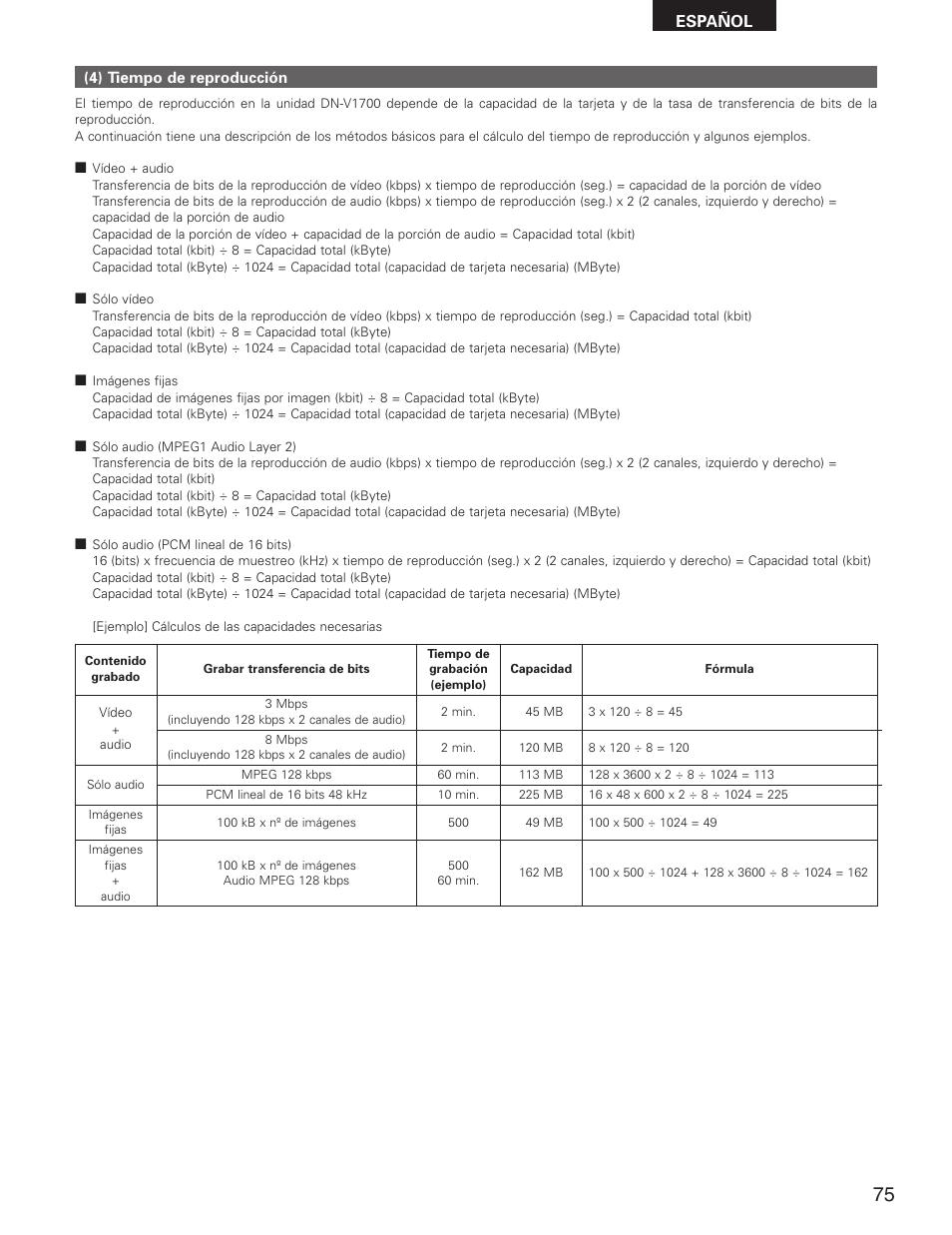 Español | Denon DN-V1700 User Manual | Page 75 / 104