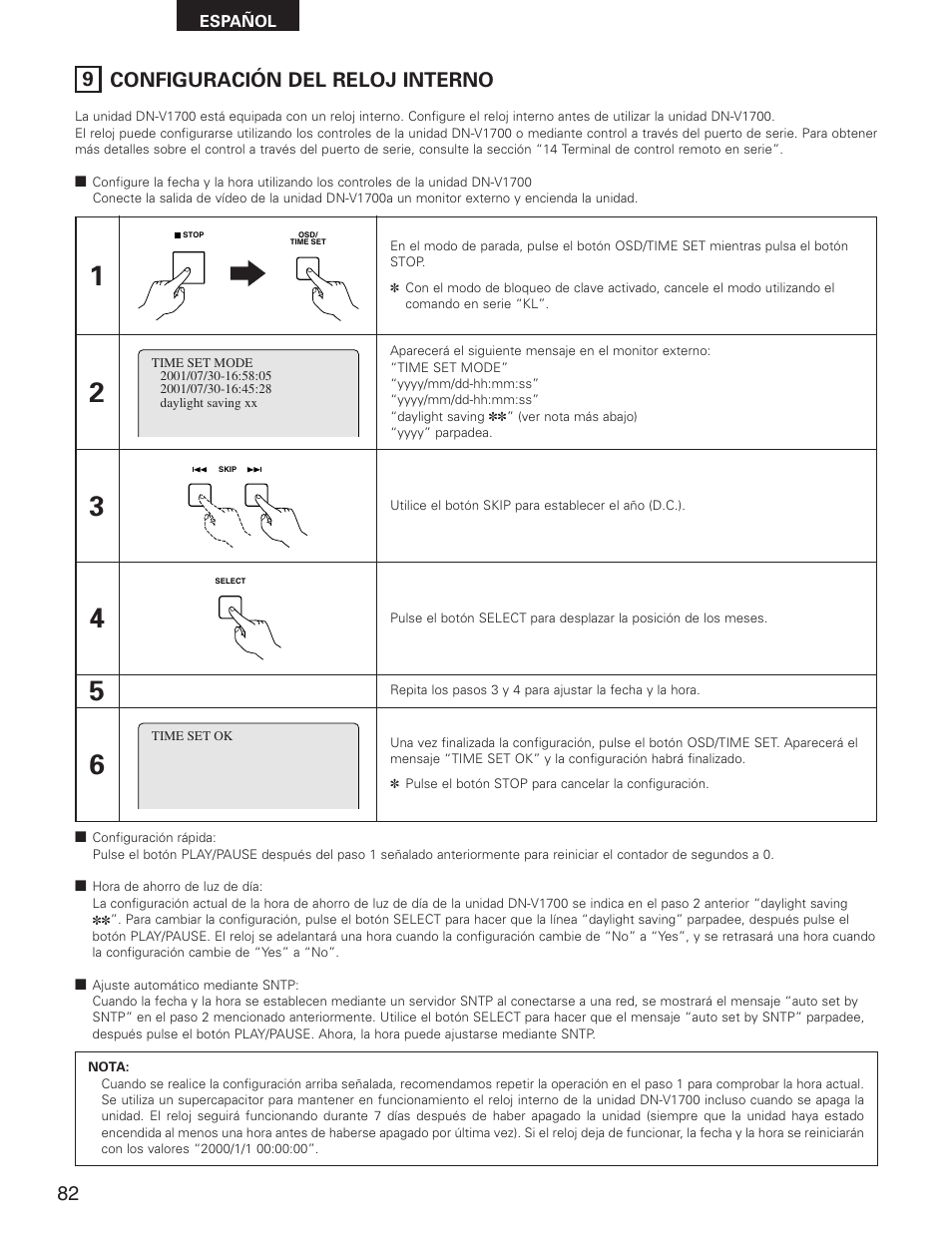 9 configuración del reloj interno | Denon DN-V1700 User Manual | Page 82 / 104