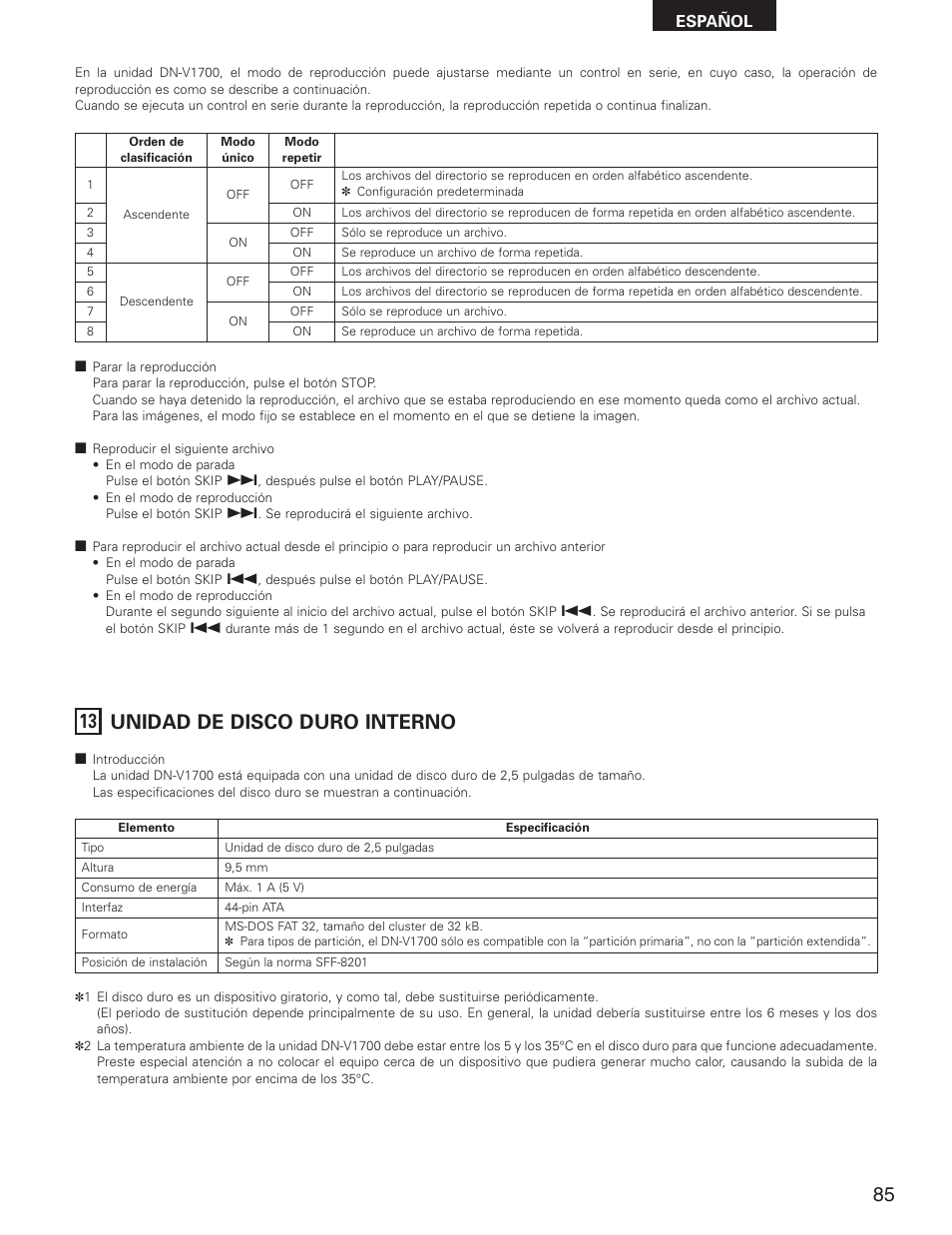 13 unidad de disco duro interno, Español | Denon DN-V1700 User Manual | Page 85 / 104