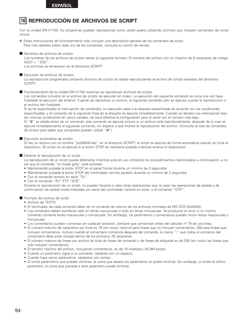 16 reproducción de archivos de script | Denon DN-V1700 User Manual | Page 94 / 104