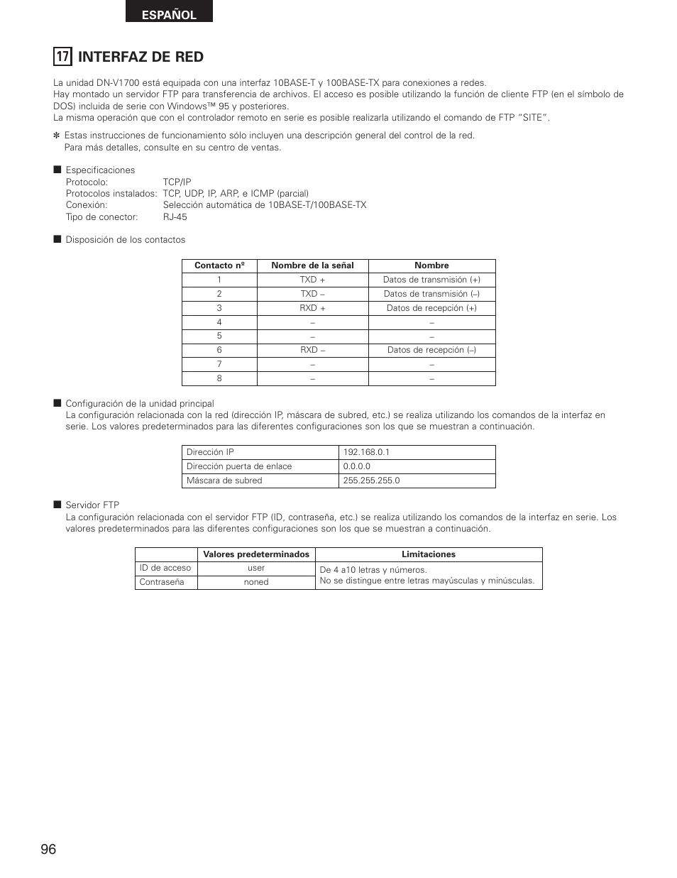 17 interfaz de red | Denon DN-V1700 User Manual | Page 96 / 104