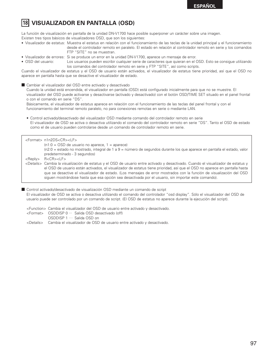 18 visualizador en pantalla (osd) | Denon DN-V1700 User Manual | Page 97 / 104