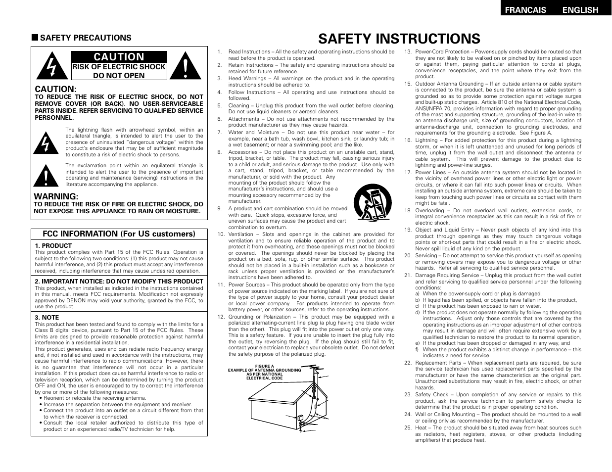 Safety instructions, Caution, Warning | English francais | Denon AVR-786 User Manual | Page 2 / 68