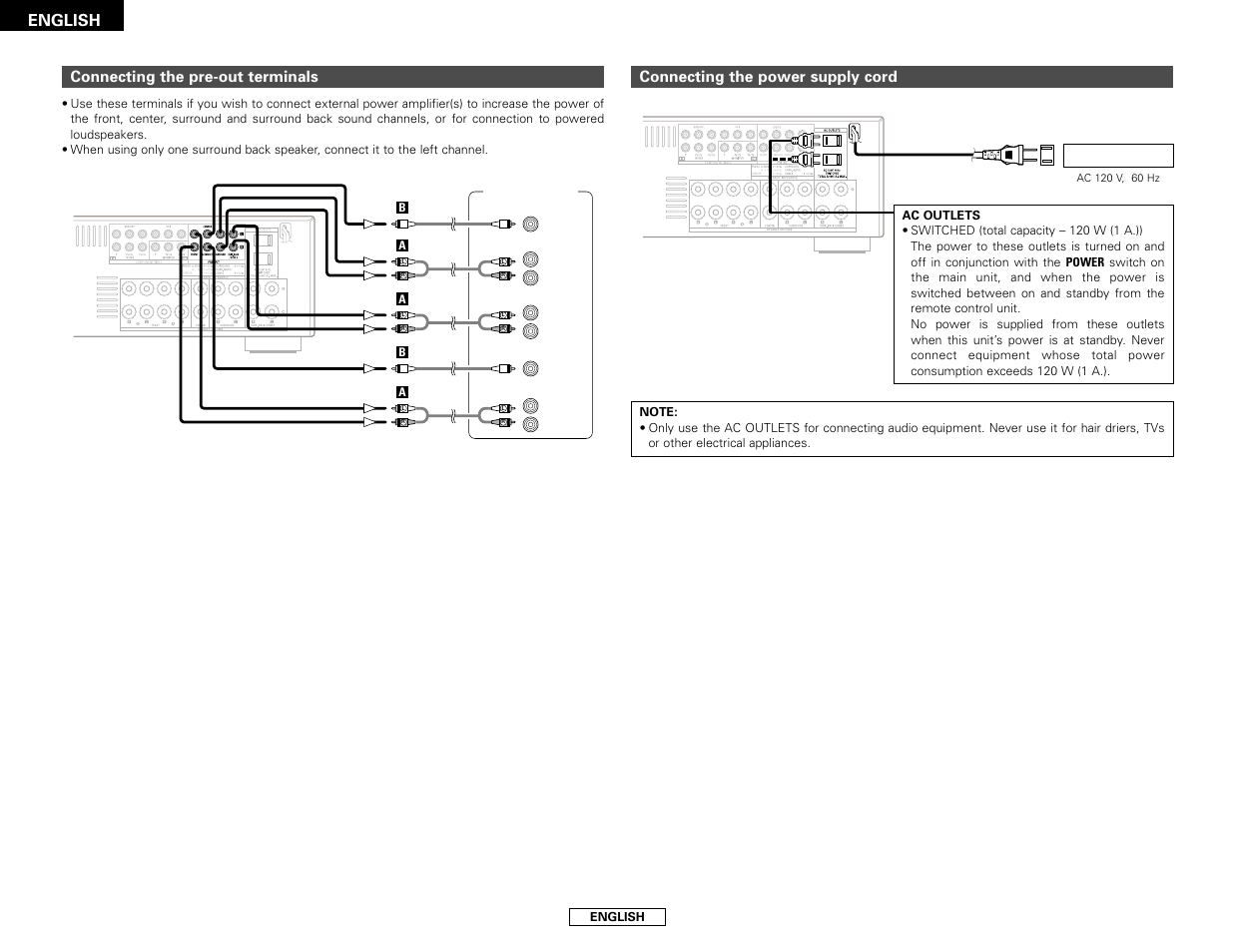 English connecting the power supply cord, Connecting the pre-out terminals | Denon AVR-786 User Manual | Page 20 / 68