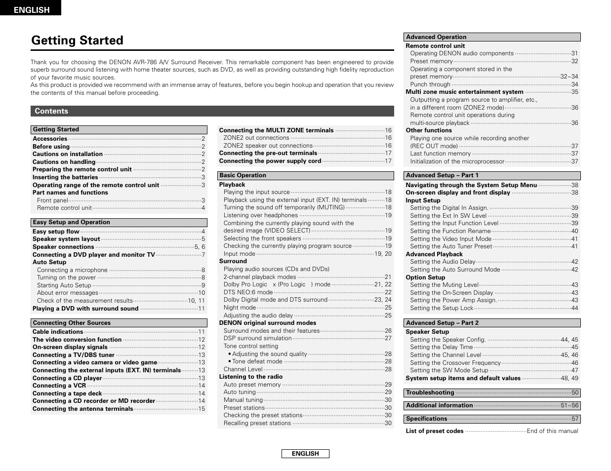 Getting started | Denon AVR-786 User Manual | Page 4 / 68