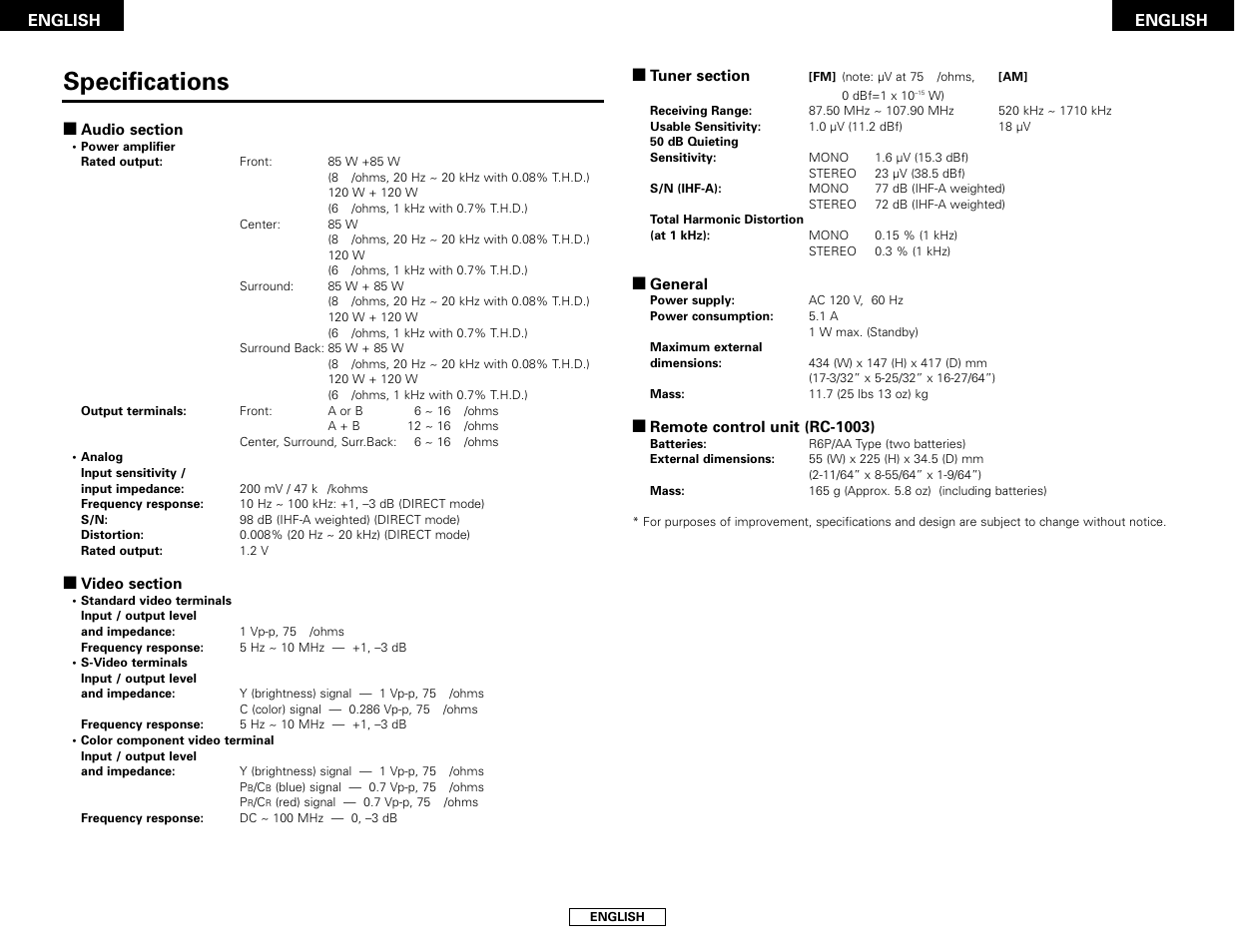 Specifications | Denon AVR-786 User Manual | Page 60 / 68