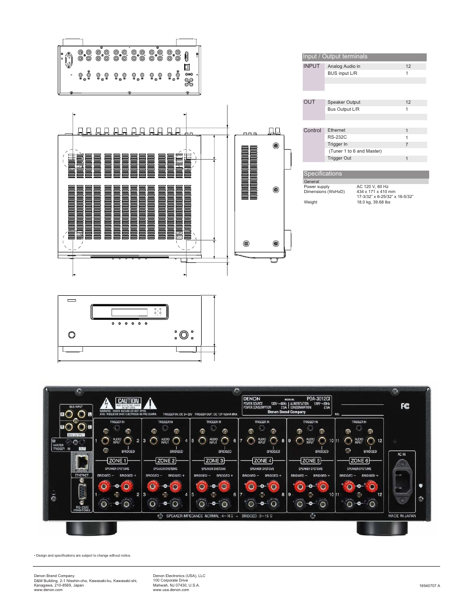 Input / output terminals specifications | Denon POA-3012CI User Manual | Page 2 / 2