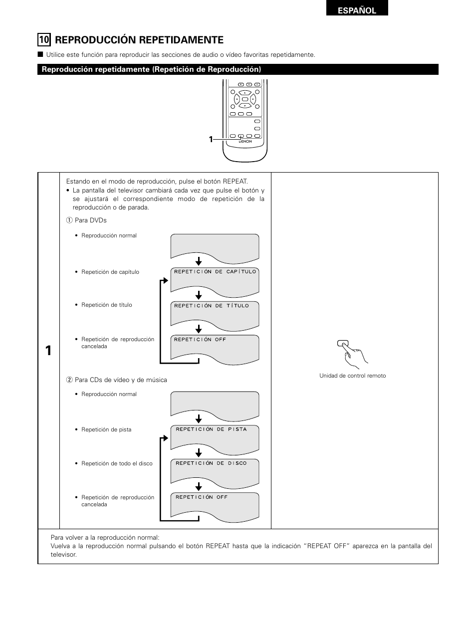 Reproducción repetidamente, 10 reproducción repetidamente, Español | W para cds de vídeo y de música | Denon DVD-1000 User Manual | Page 103 / 126
