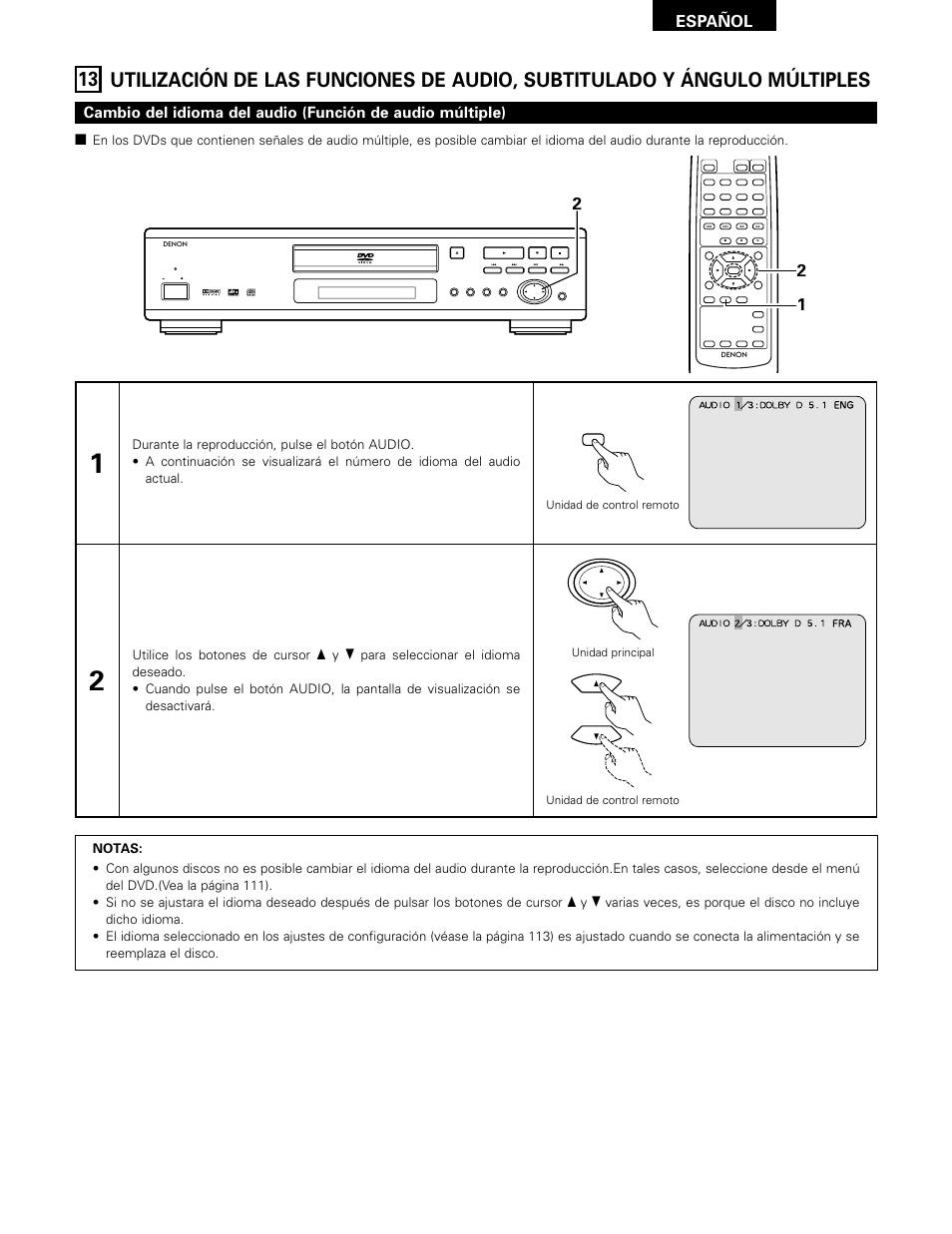 Español, Unidad de control remoto, Unidad de control remoto unidad principal | Denon DVD-1000 User Manual | Page 107 / 126