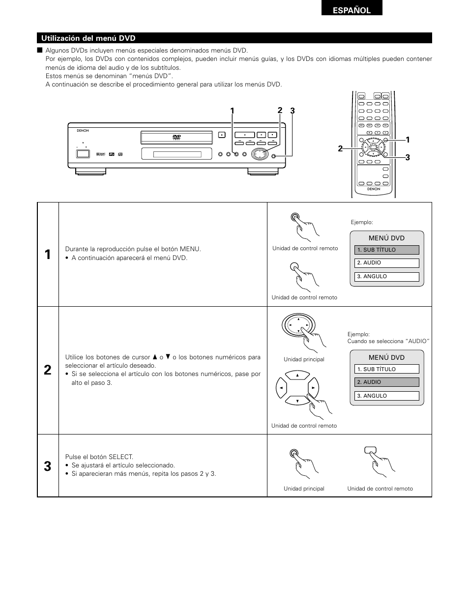 Español, Utilización del menú dvd, Menú dvd | Ejemplo: ejemplo: cuando se selecciona “audio, Unidad de control remoto | Denon DVD-1000 User Manual | Page 111 / 126