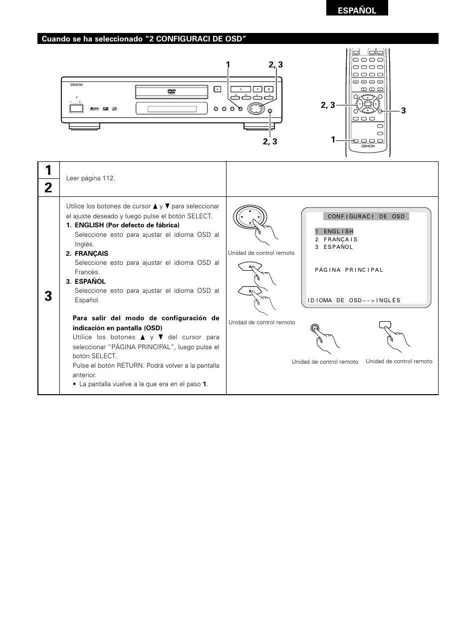 Español, Cuando se ha seleccionado “2 configuraci de osd, Unidad de control remoto | Denon DVD-1000 User Manual | Page 115 / 126