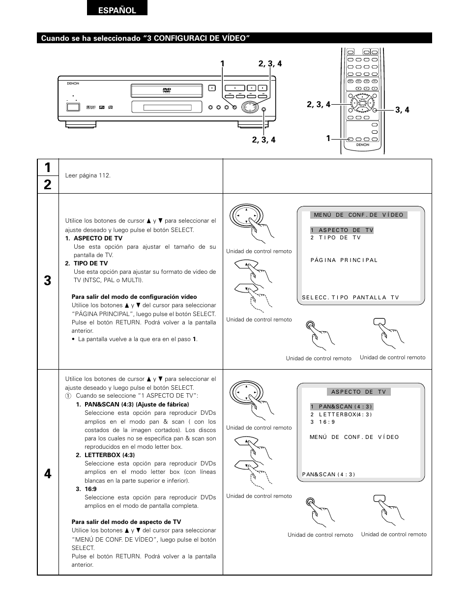 Español, Cuando se ha seleccionado “3 configuraci de vídeo | Denon DVD-1000 User Manual | Page 116 / 126