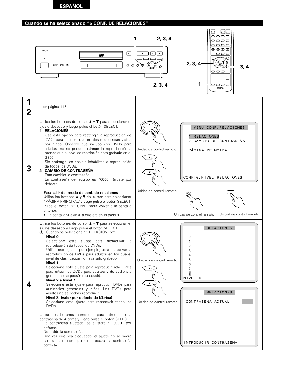 Español, Cuando se ha seleccionado “5 conf. de relaciones, Unidad de control remoto | Denon DVD-1000 User Manual | Page 120 / 126