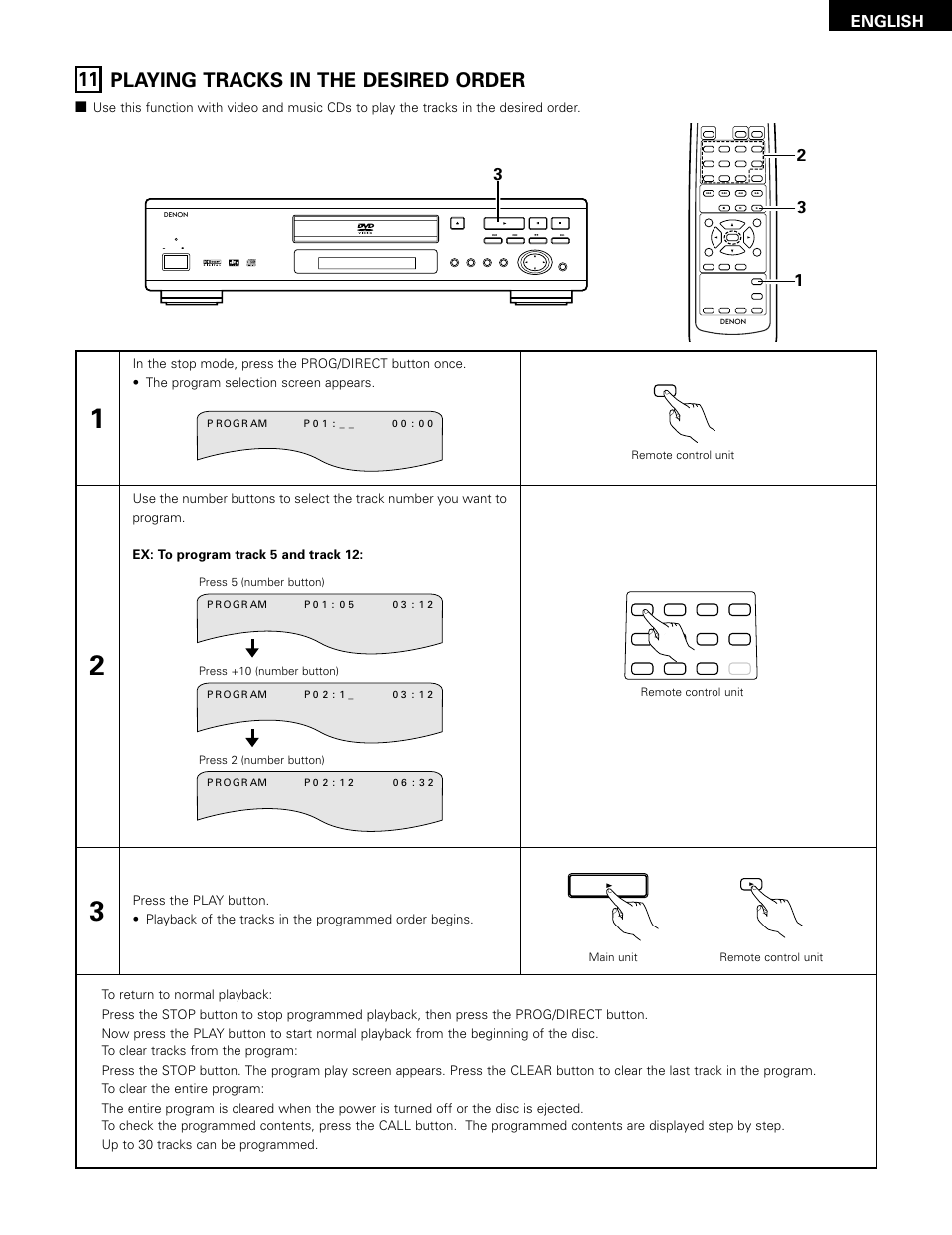 Playing tracks in the desired order, 11 playing tracks in the desired order, English | Remote control unit main unit remote control unit, Remote control unit | Denon DVD-1000 User Manual | Page 25 / 126