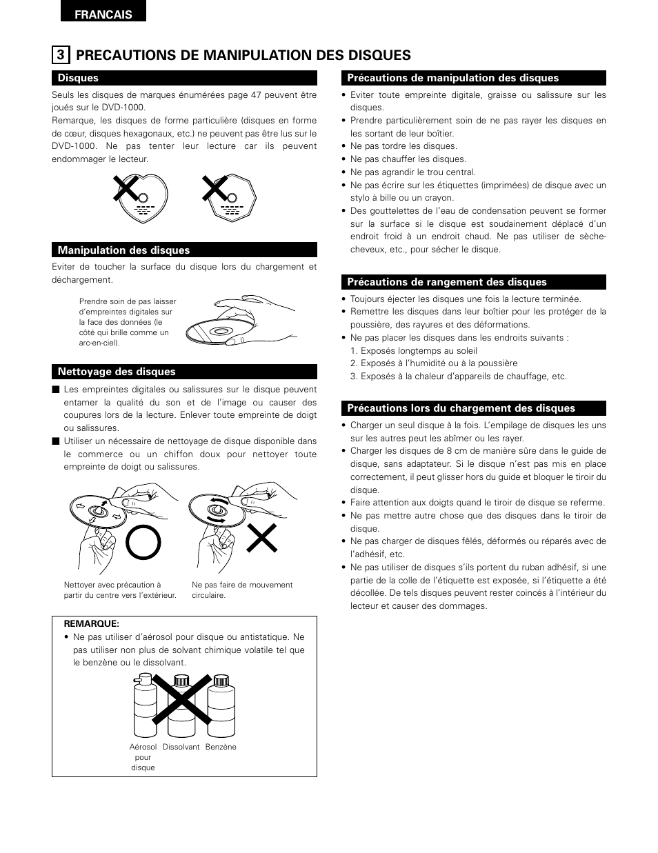 Precautions de manipulation des disques, 3 precautions de manipulation des disques | Denon DVD-1000 User Manual | Page 48 / 126