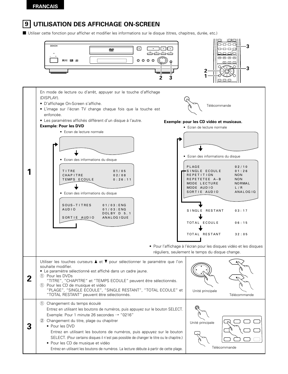 Utilisation des affichage on-screen, 9 utilisation des affichage on-screen, Francais | Exemple: pour les cd vidéo et musicaux | Denon DVD-1000 User Manual | Page 62 / 126