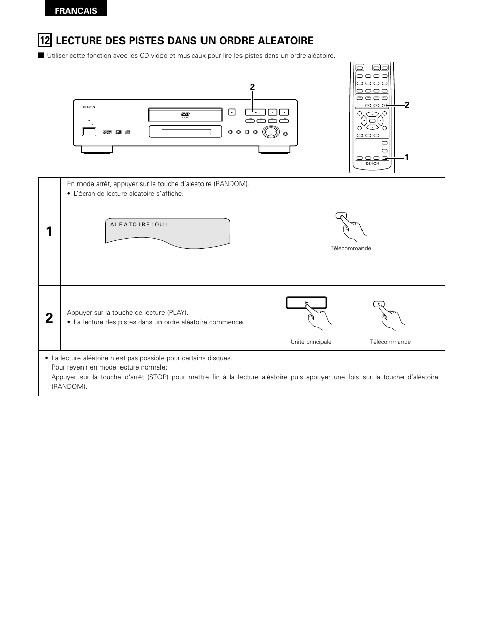 Lecture des pistes dans un ordre aleatoire, 12 lecture des pistes dans un ordre aleatoire, Francais | Télécommande unité principale télécommande | Denon DVD-1000 User Manual | Page 66 / 126