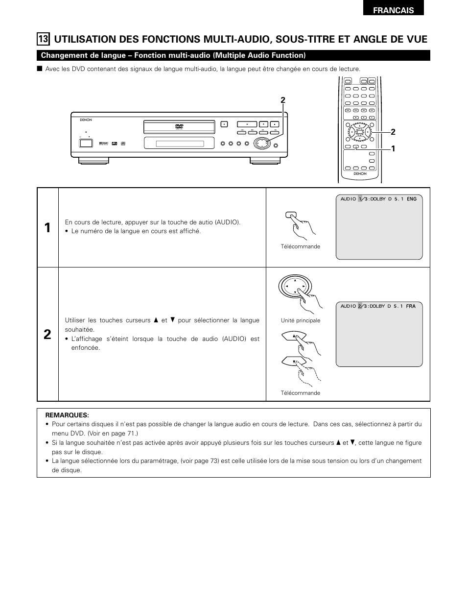 Francais, Télécommande, Télécommande unité principale | Denon DVD-1000 User Manual | Page 67 / 126