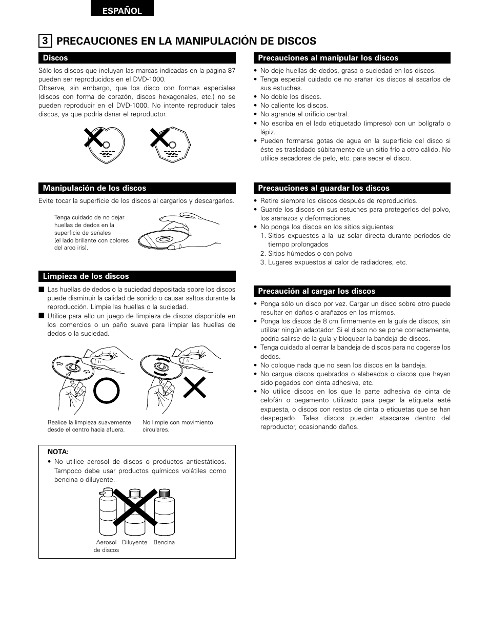 Precauciones en la manipulación de discos, 3 precauciones en la manipulación de discos | Denon DVD-1000 User Manual | Page 88 / 126