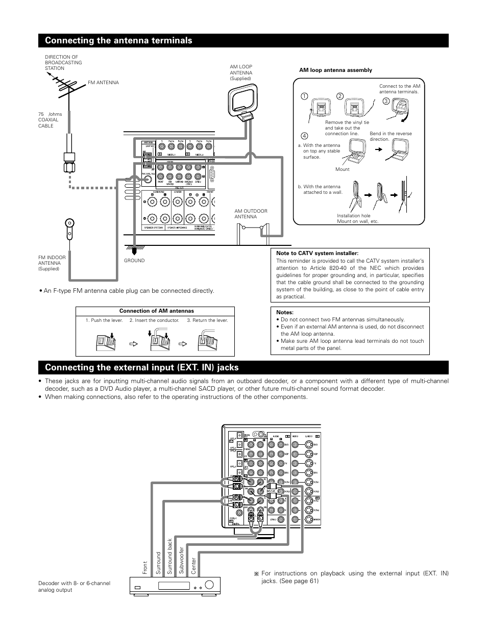Connecting the antenna terminals, Connecting the external input (ext. in) jacks | Denon AVR-985 User Manual | Page 10 / 100