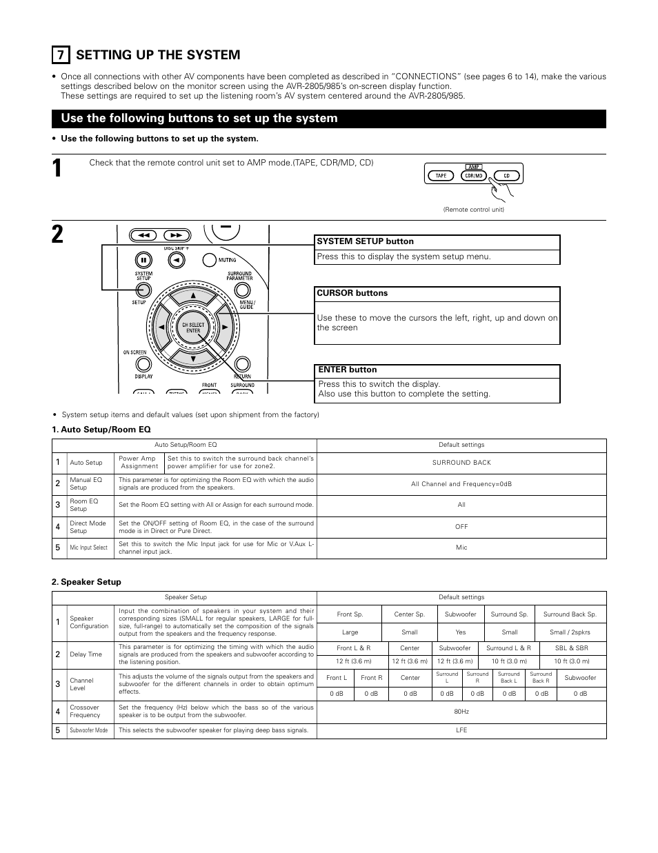 7 setting up the system, Use the following buttons to set up the system | Denon AVR-985 User Manual | Page 18 / 100