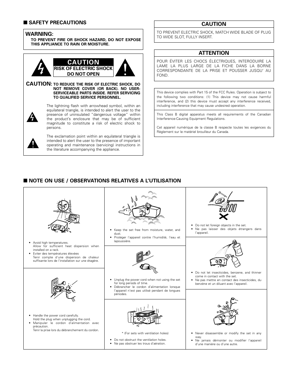 Caution, Attention, Warning | Safety precautions | Denon AVR-985 User Manual | Page 2 / 100